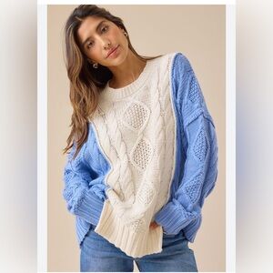 Alter’d State: Two-Tone Cable Knit Sweater - Cream & Light Blue